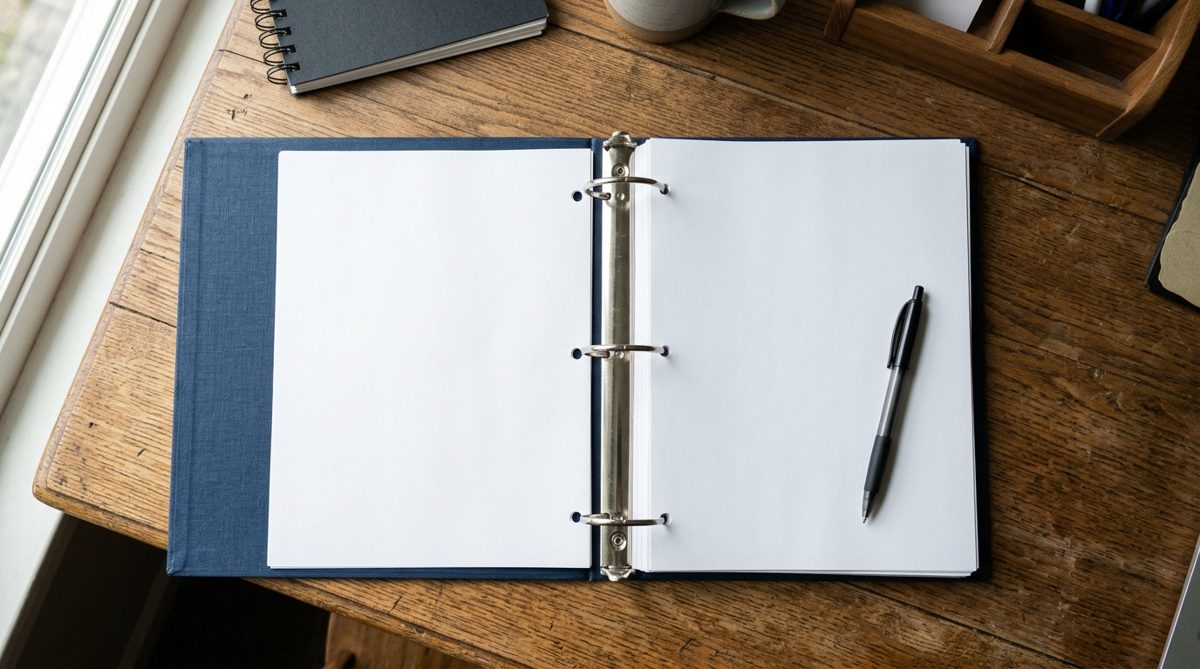An open binder with blank pages and a pen on a desk