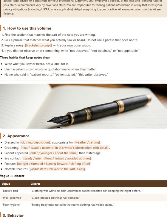 A page from the Clear Charting Phrase Bank