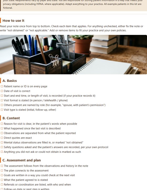 A page from the Note Completeness Checklist