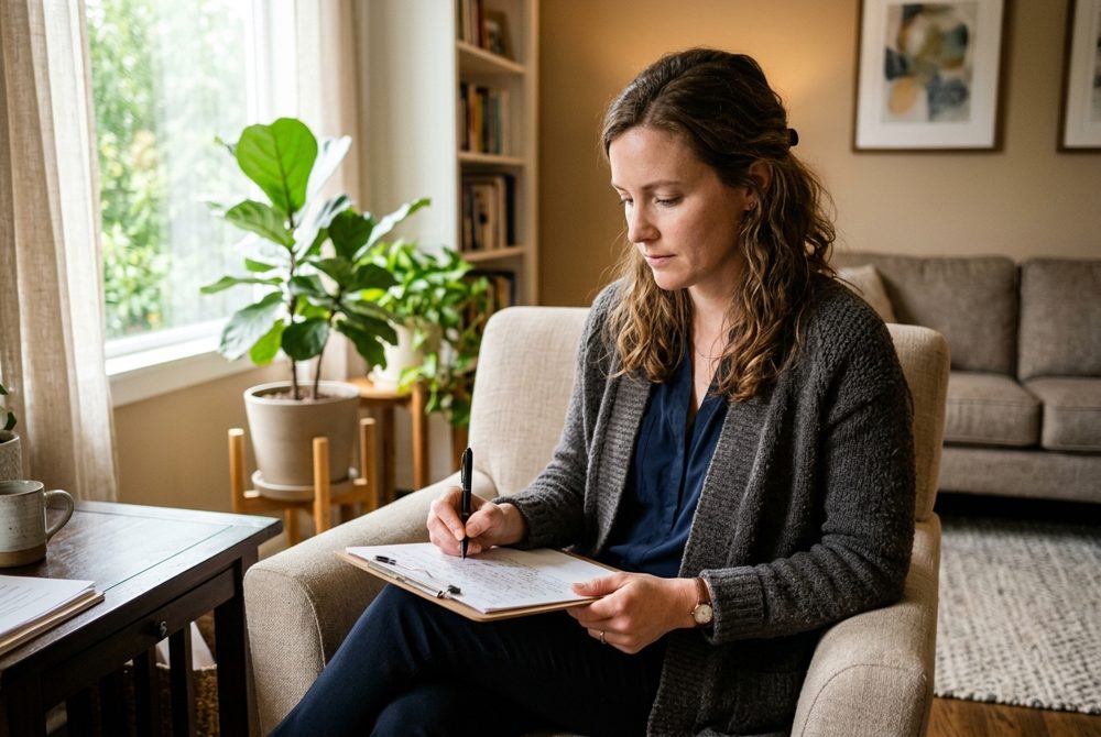 A clinician writing notes in a counseling office