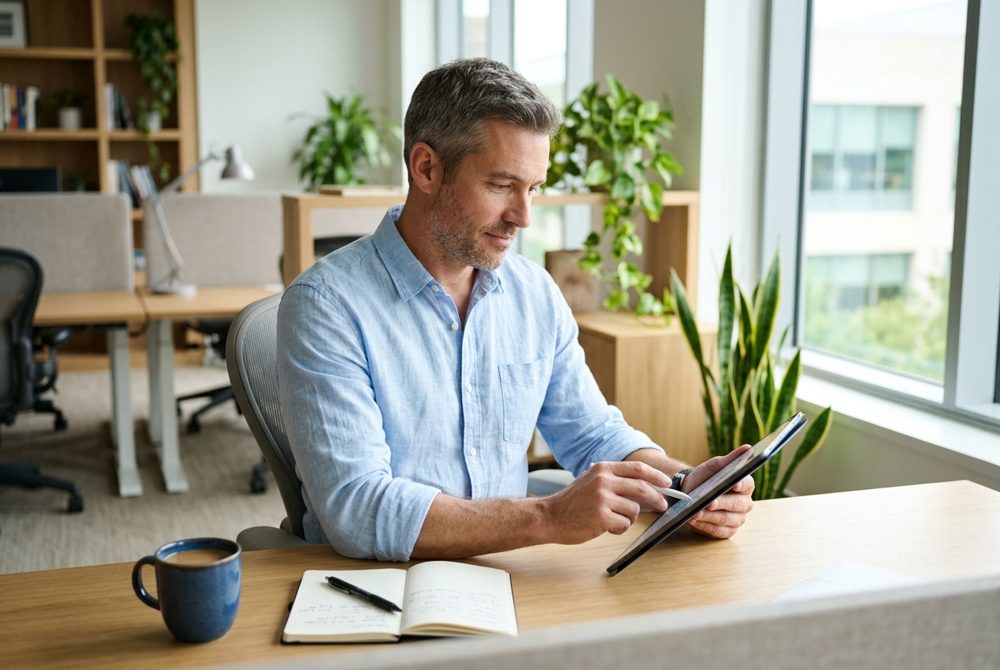 A professional working on a tablet at a tidy desk