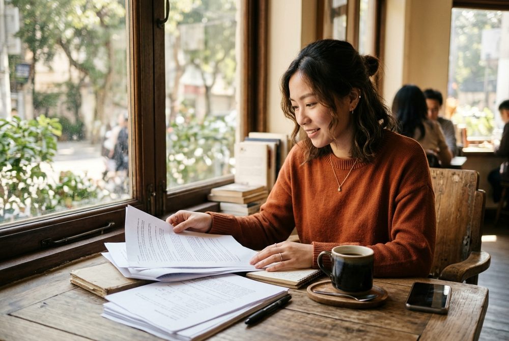 A professional reviewing printed pages by a window